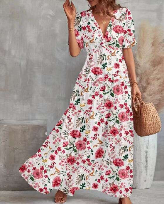 Printed short sleeved dress women's summer new V-neck with waistband for slimming and loose fitting long skirt