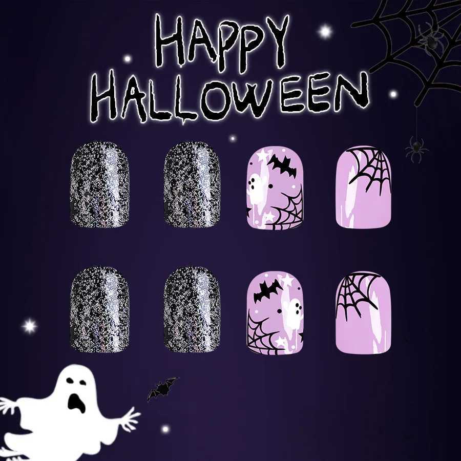24 pieces of purple Halloween nail art set short square pressed nails with ghost bat spider web design fake nails for women and girls W240905