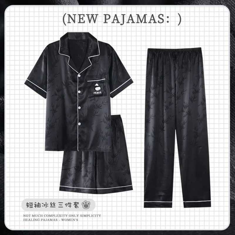 100kg Plus Size Mens 3pcs Pajama Set Silk Satin Short Sleeve Sleepwear Button Down Pjs Classic Loungewear Nightwear Home Clothes Y240906