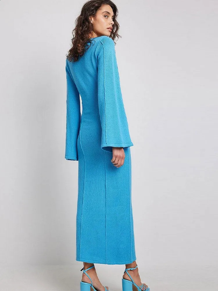 Womens Knitted Maxi Dress Fashion Blue Patchwork Elegant O-Collar Splicing Long Sleeve Ultra Thin Dress Womens Solid Color Party Club Robe 240906