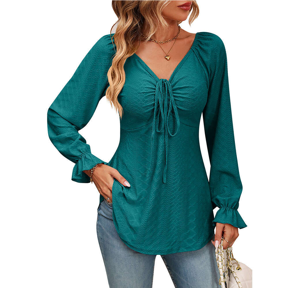 2024 Autumn New Womens V-neck drawstring waist sexy long sleeved solid color T-shirt
