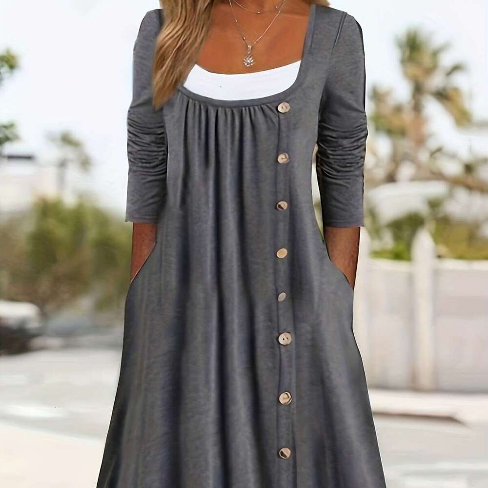 2023 new loose women's casual dress straight tube solid color button pocket square neck mid length