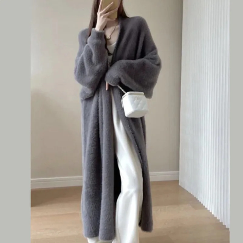 Womens casual knee length faux mink sweater fashionable autumn and winter loose knit cardigan jacket 240905