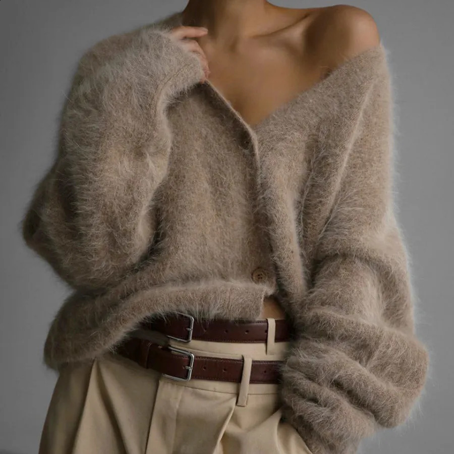 Fluffy knitted cardigan long sleeved sweater womens loose jacket soft Vneck jumper single breasted casual 240905