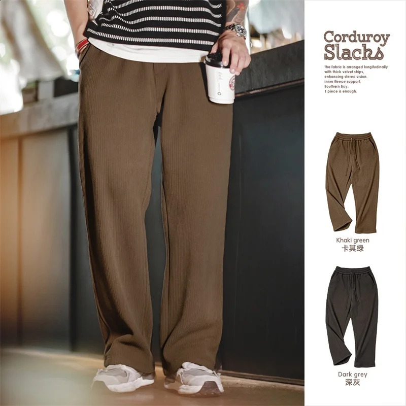 Maden Retro Corduroy Slacks Winter Mens Striped Velvet Loose Long Legs Khaki Elastic Waist Casual Straight Pants 240905