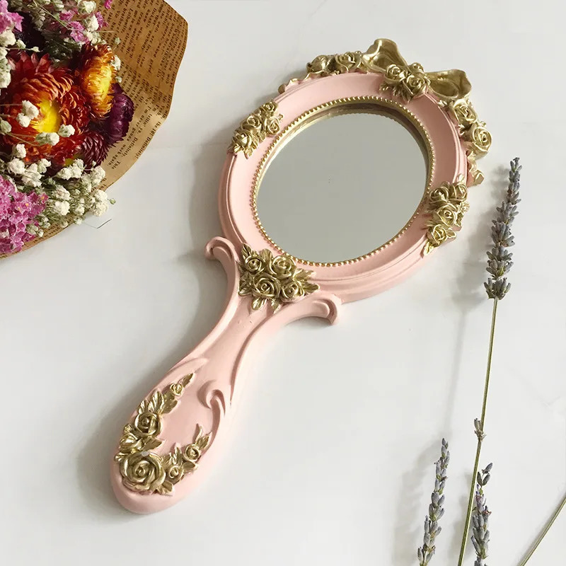 Rectangle Hand Hold Cosmetic Mirror with Handle Makeup Mirror Cute Creative Wooden Vintage Hand Mirrors Makeup Espelho 1Pc 240905