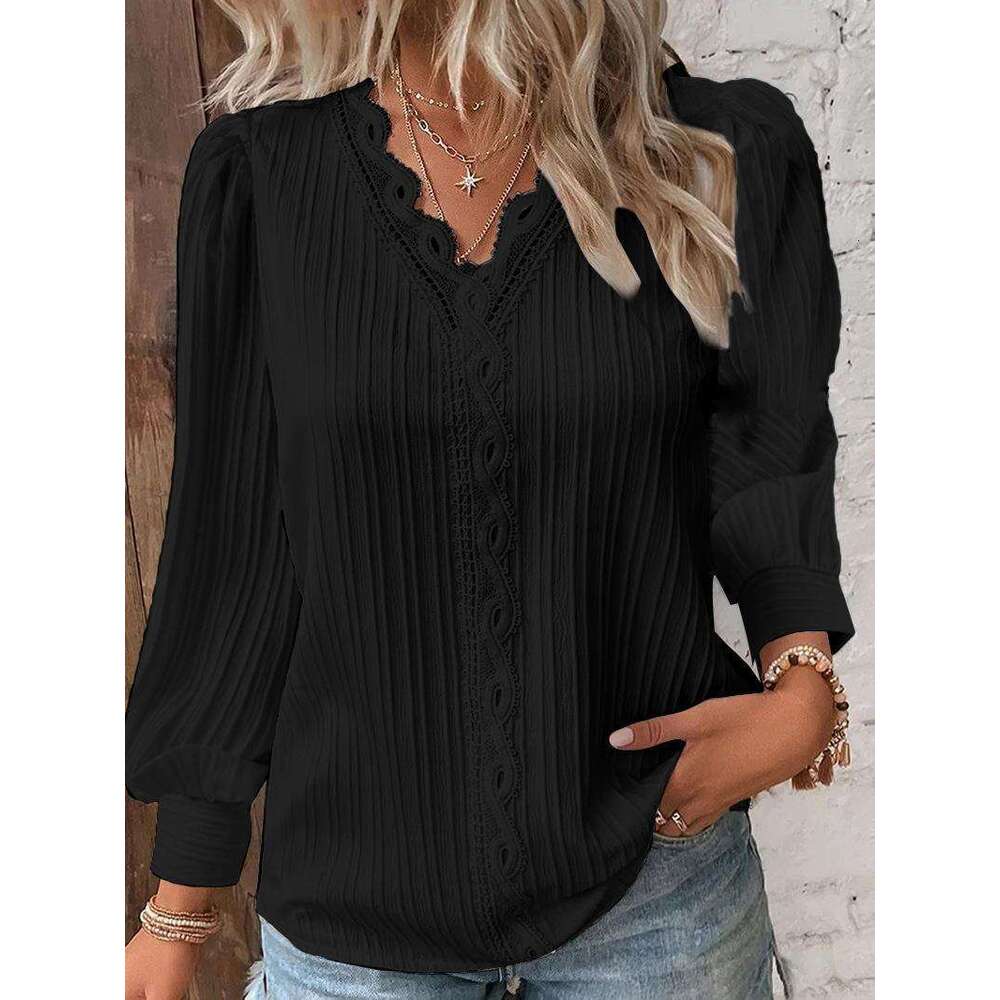 Fall 2024 long sleeved V-neck lace patchwork shirt women's clothing