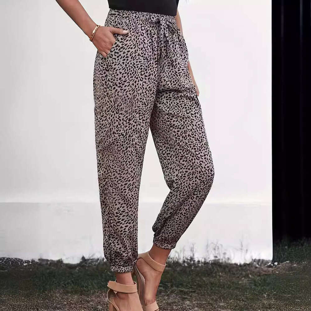 Leopard print casual pants women, high waisted slimming, loose and elastic fit, small ankle sports sweatpants for women