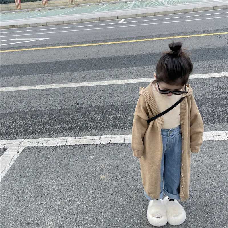 2024 Spring New Korean Children Wear Girls Long Knitted Woolen Coat with Leisure and Western Style Hooded Cardigan Coat TrendyY240906