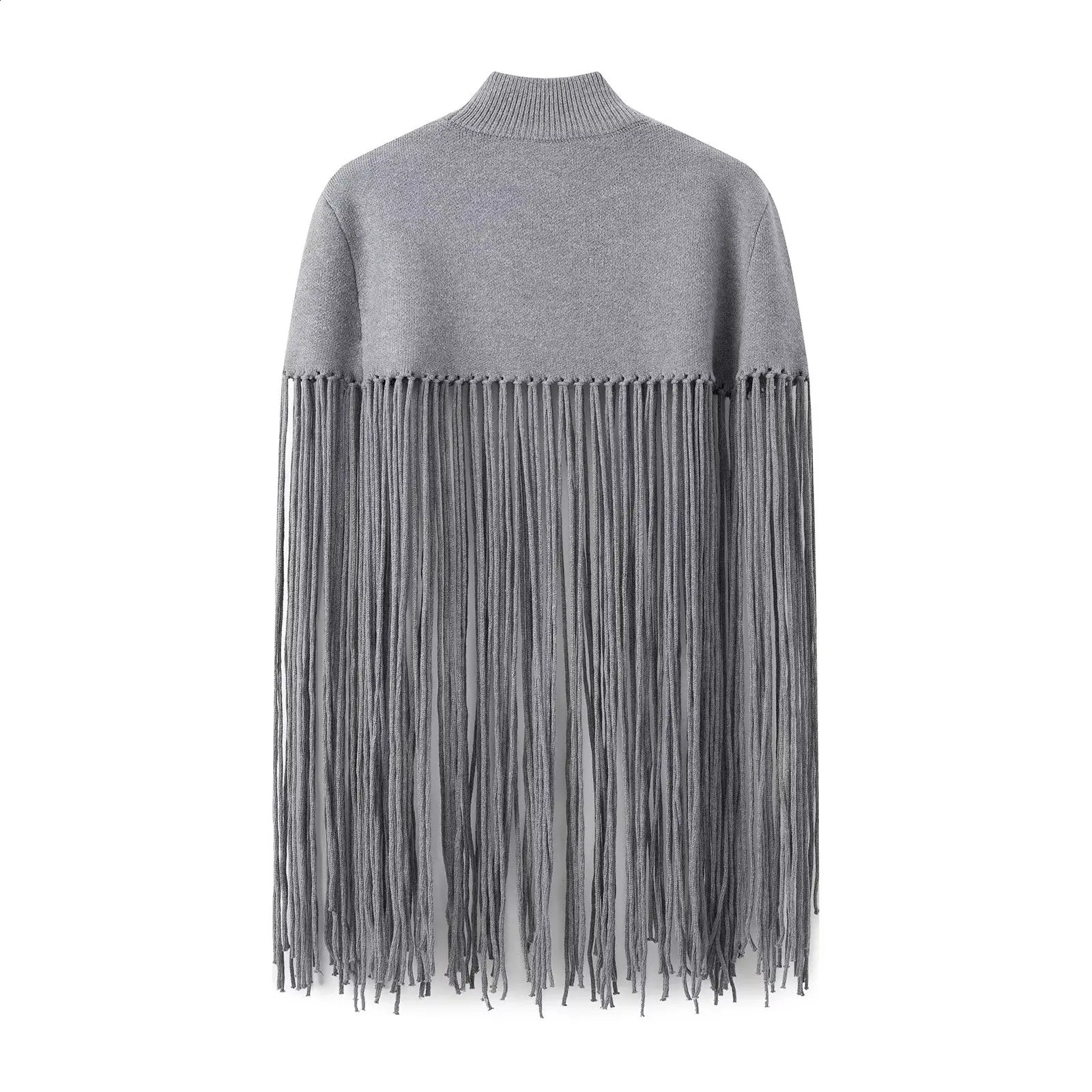 Spring and Autumn Grey Knitted Long tassel cardigan Womens High Collar Loose Ruffle Shawl Knitted Oversized Jumper 240904