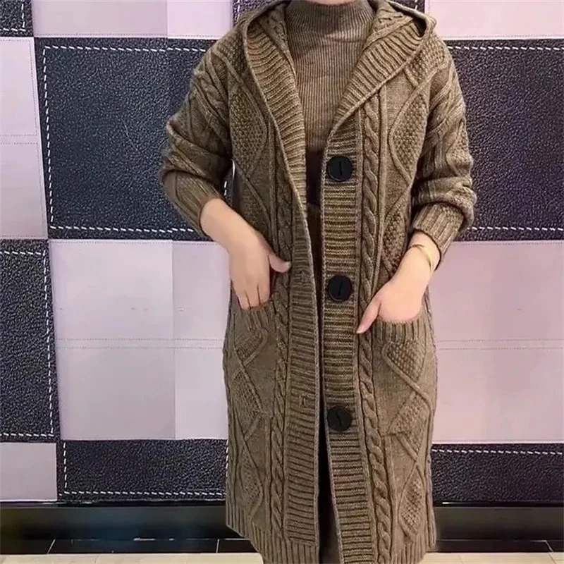 Autumn jacquard twisted hooded cardigan womens long single chest knitted M5XL 240905