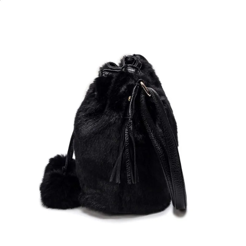 Womens winter fashion shoulder bag small fur faux bucket handle girls wallet cross body 240906