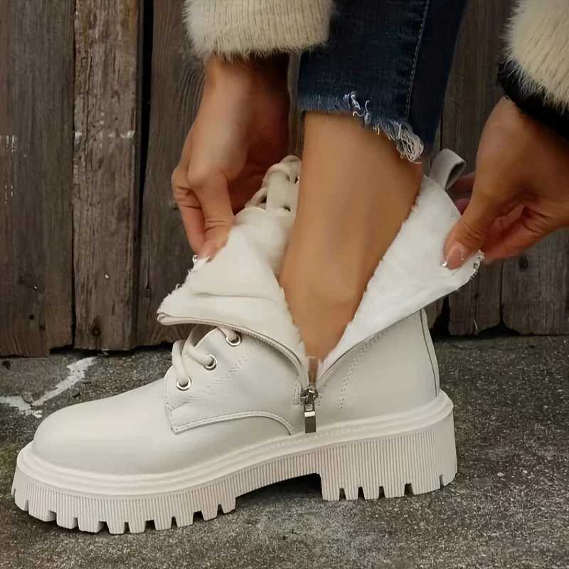 Womens Platform Boots Short Plush Solid Color Lace Side Zipper Ankle Boots Winter Womens Shoes 2024 Large 42 Womens Shoes CL240906