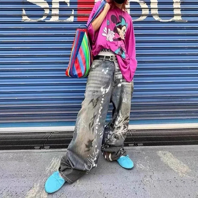 Graffiti handpainted damaged mens and womens laundry bag jeans straight street clothing Y2k denim Trousers Pantalones Hombre Cargos 240905