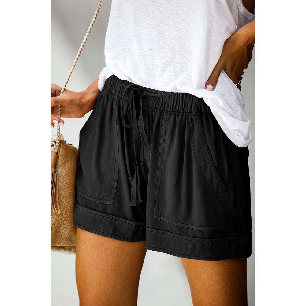 Casual women's summer new European version high waisted lace up loose wide leg shorts