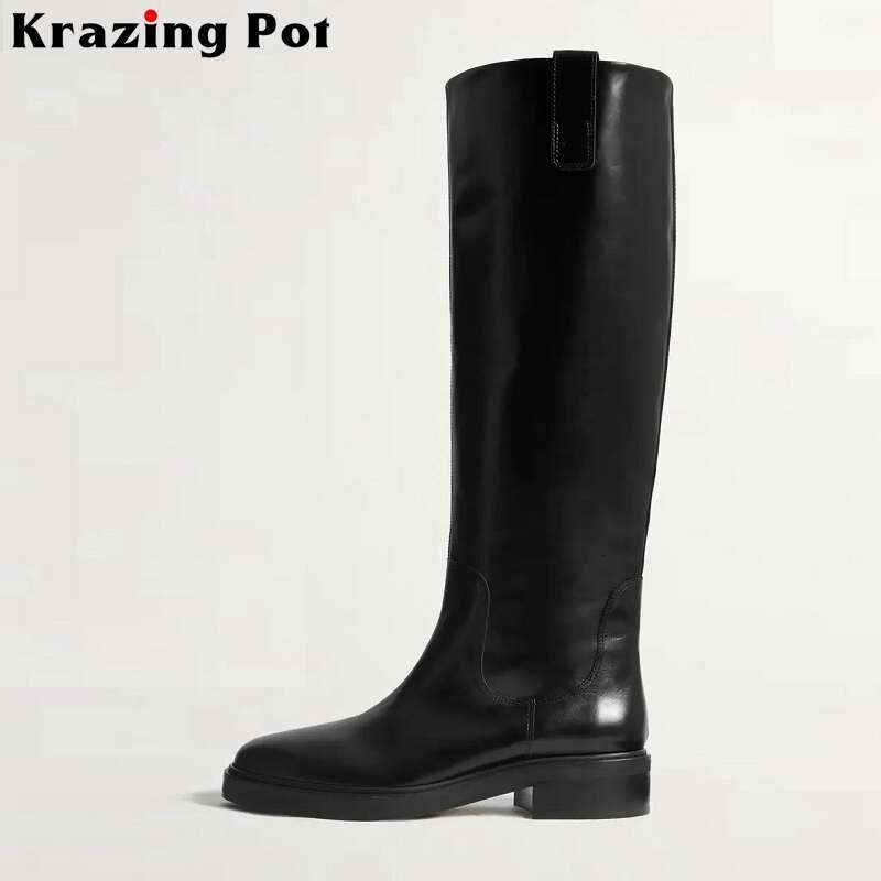Krazing Pot Cow Leather Big Size 44 45 Round Toe Med Heels Classics Equestrian Long Slip On Winter Brand Knee-High Boots