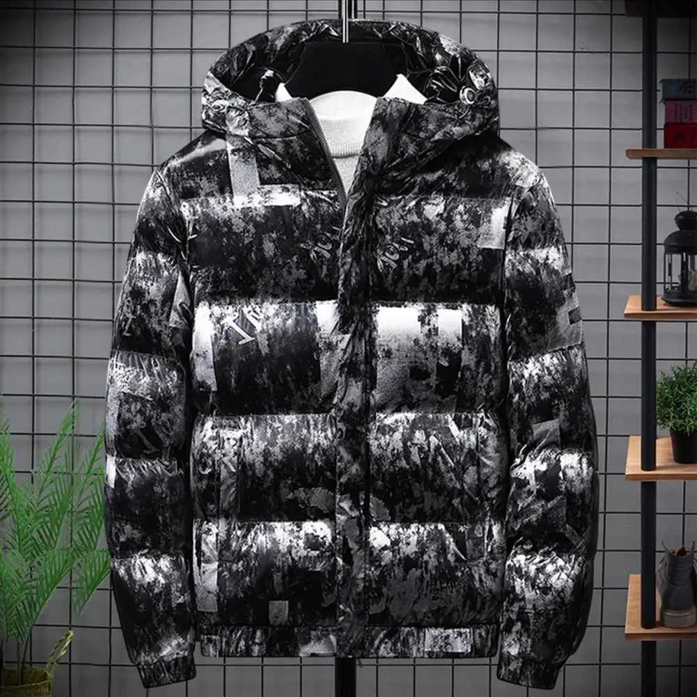 Men Jacket Shiny Cotton-padded Mens Graffiti Mens Bread Clothes Fashion Hooded Windproof Winter Cotton Padded Windbreaker M240906