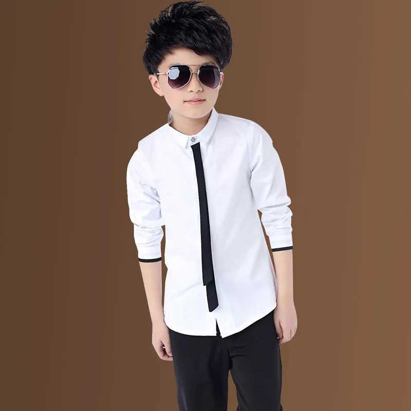 New Spring Autumn Winter Childrens Korean Shirt Big Kids Long-sleeved Shirt Boys Plus Velvet Thickening White Shirt Y240906