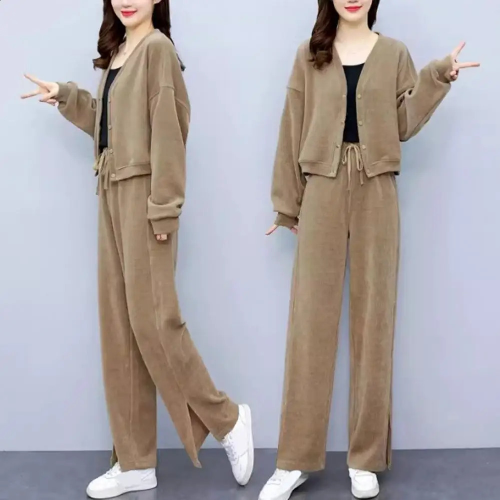 Casual two-piece elastic waist pants set for womens winter cardigan pants set single breasted jacket wide legs suitable for autumn 240903