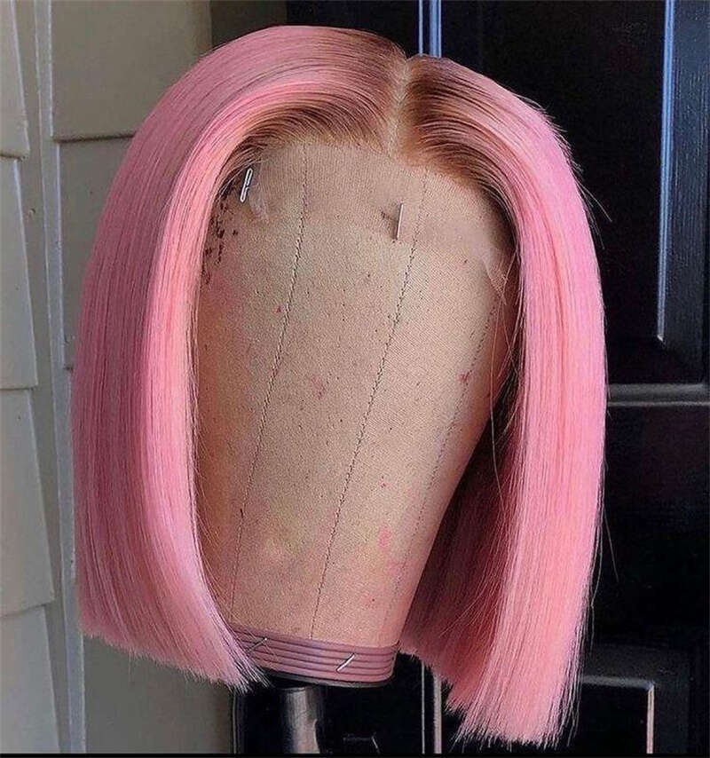 Soft Glueless Short 16" Ombre Pink Straight Lace Front Wig For Women With Baby Hair Synthetic Preplucked Heat Resistant Cosplay
