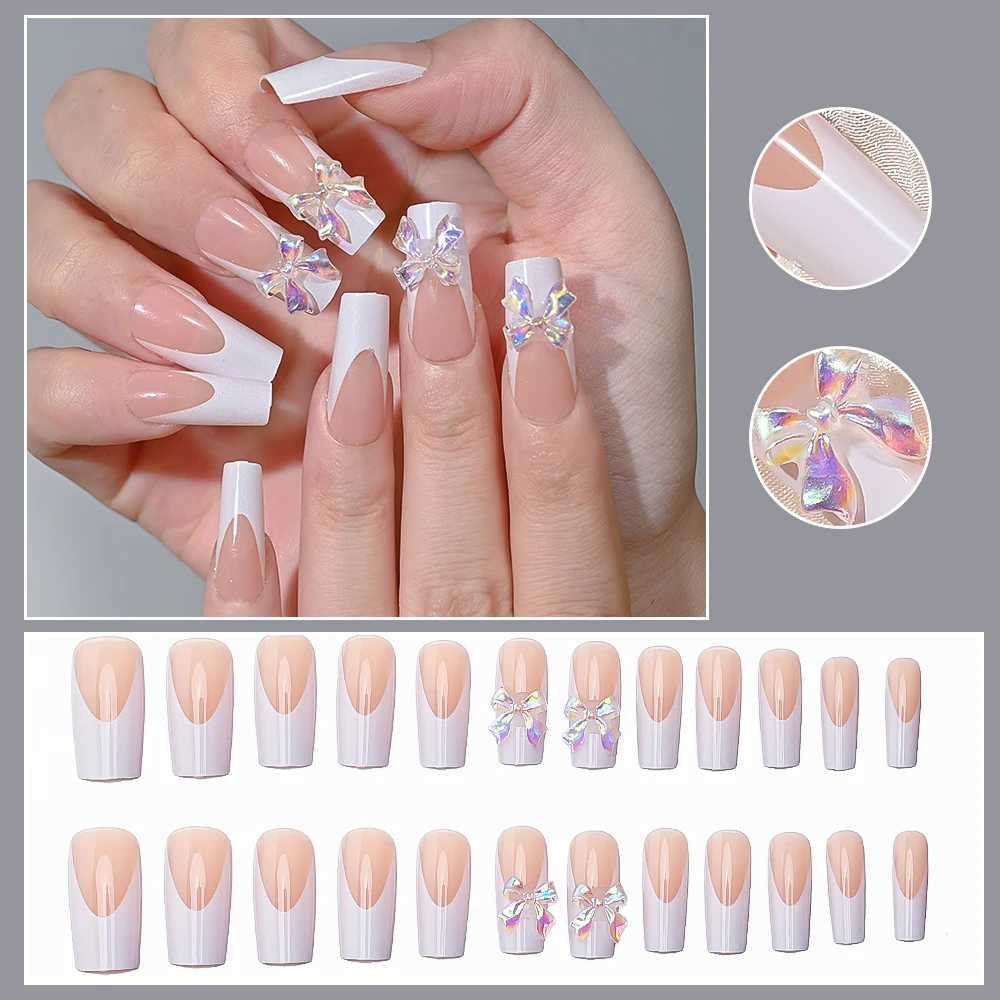 24 pieces of butterfly bow pressed nails long ballet fake nails Coffin wearable French fake nails complete set of ergonomic tips and extension W240905