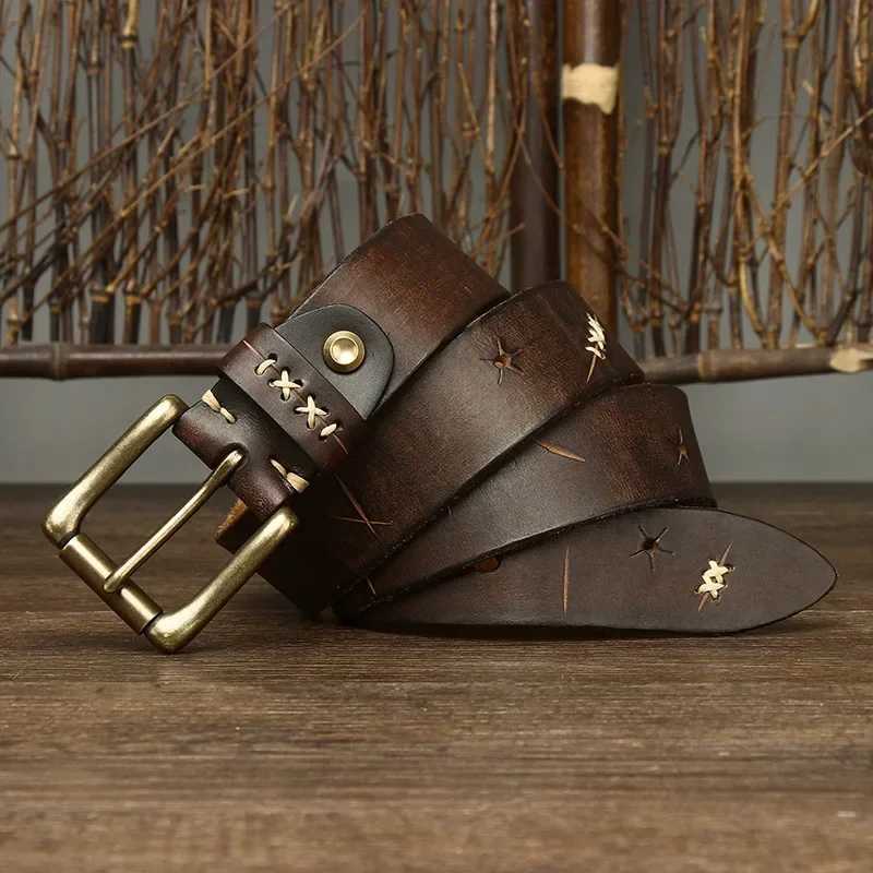 3.8CM mens high-quality genuine leather belt luxury designer brass pin buckle belt pure denim retro shoulder strap mens jeans W240905