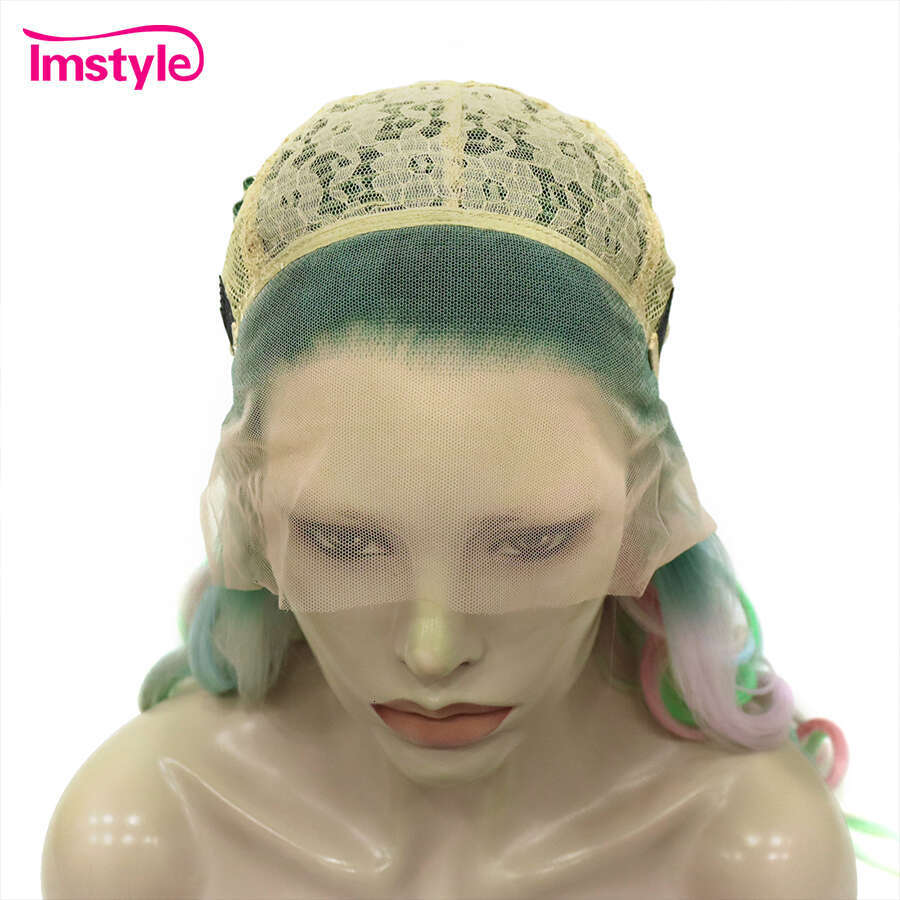 Imstyle Colorful Synthetic Lace Front Multicolor Long Wigs Natural Wavy Heat Resistant Green Pink Cosplay Wig For Women
