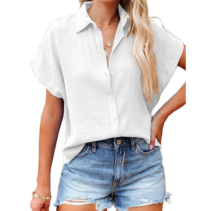 Summer women's V-neck breasted solid color shirt Women's ruffle loose short sleeved T-shirt top Women