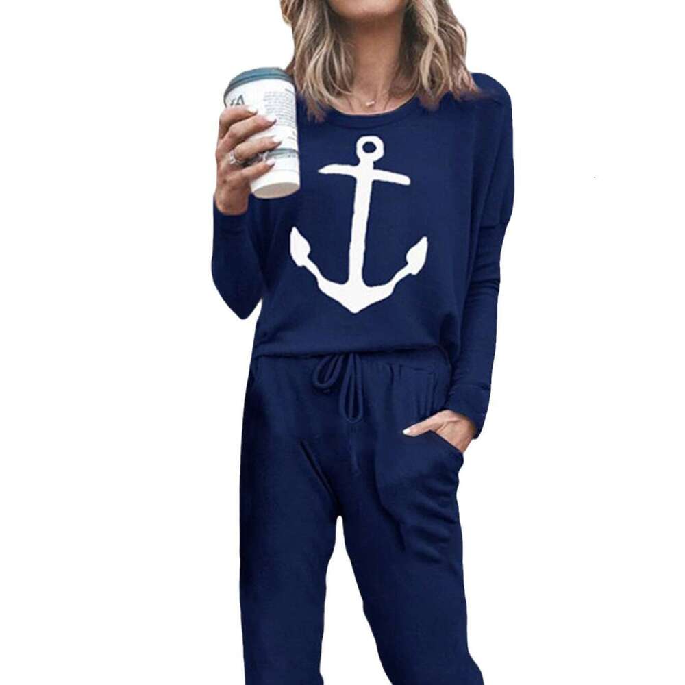 2024 New Women's Loose Anchor Printed Long Sleeve Casual Set
