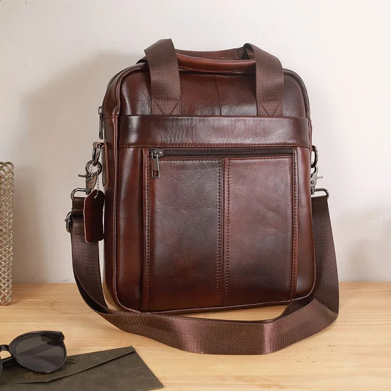 Mens handbag 100% genuine leather shoulder cross body bag vertical briefcase business travel messenger suitable for 133inch iPad 240906
