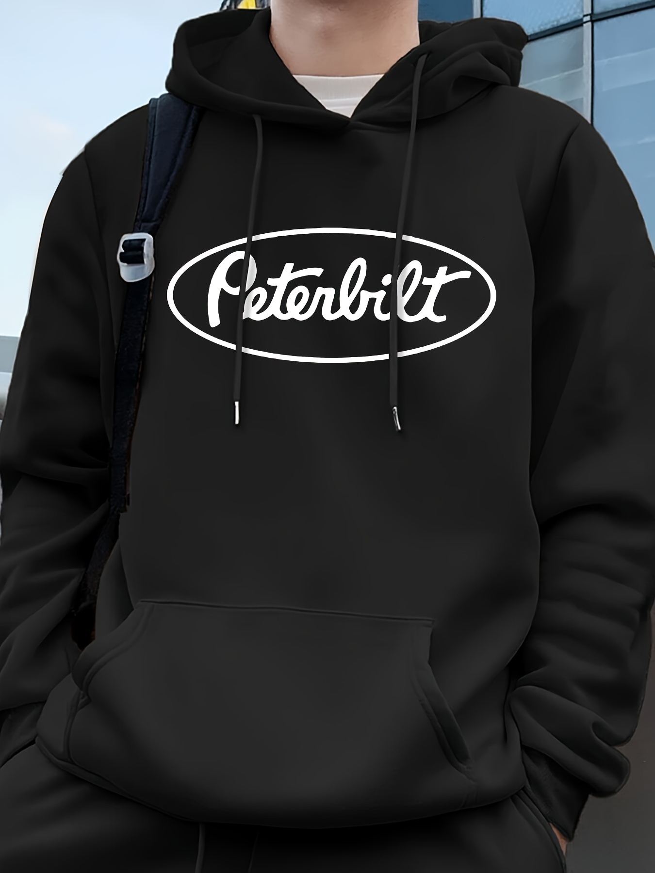 Casual Hooded Sweatshirt with Pocket - Knit Fabric Regular Fit Polyester Hoodie with Geometric Peterbilt Logo for Autumn/Winter