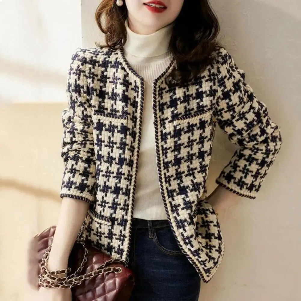 Vintage early autumn tweed womens jacket elegant and graceful womens black and white tweed womens winter cardigan 240906