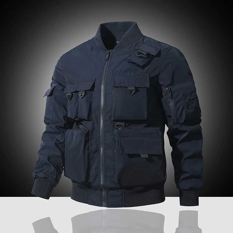 Mens jacket Spring and Autumn loose casual top Functional multi pocket work jacket Flying jacket Motorcycle tactical jacket Y240906