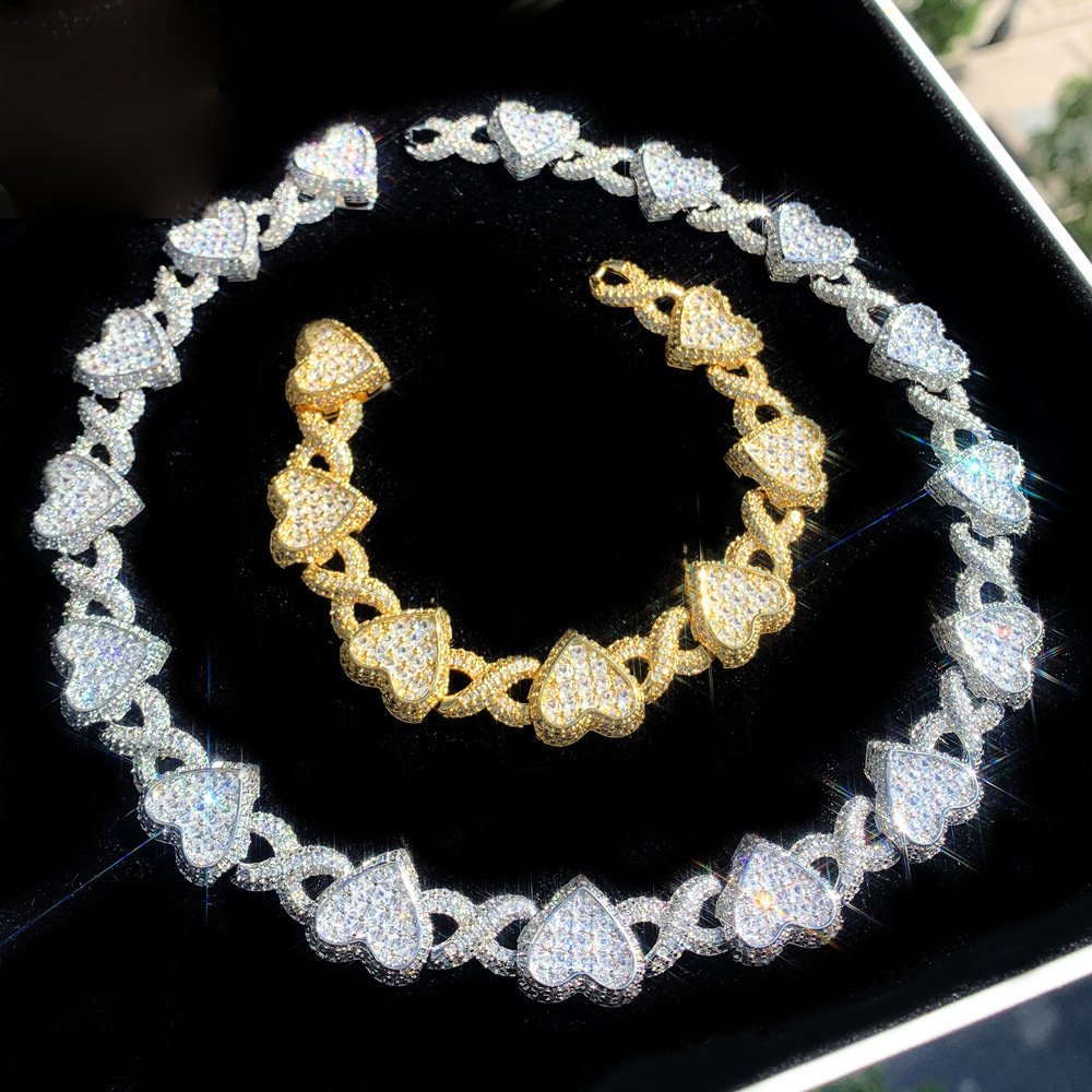 Hip Hop Heart Shape Cuban Chain Necklace Bracelet Gold Plated Women Jewelry Set