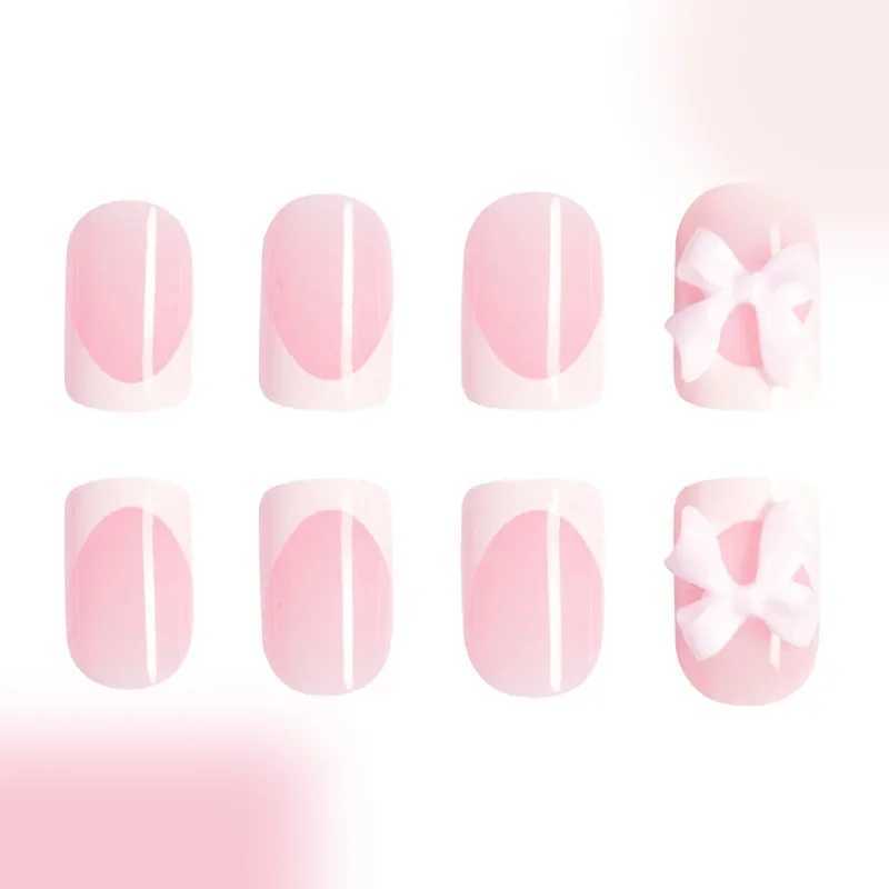 24 pieces/set of bows pressed on nails short square fake nails white French pointed fake nails with pink bow charm female nail stick W240905