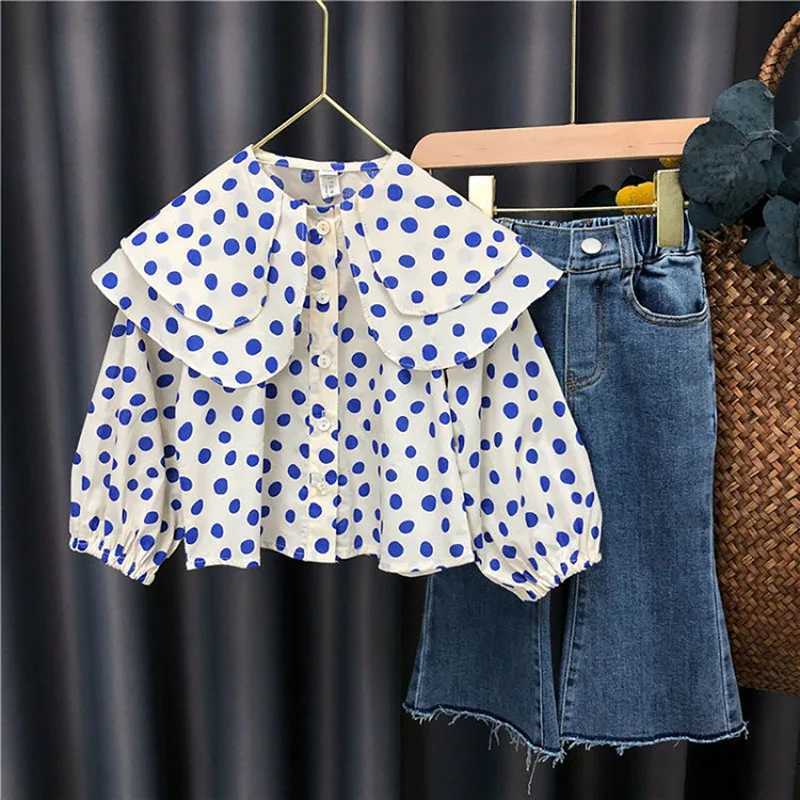 Girls Fashion Polka Dot Shirt Spring Autumn 2024 New Casual Large Lapel Childrens Long-Sleeved Pure Cotton Top Cute Baby Shirt Y240906