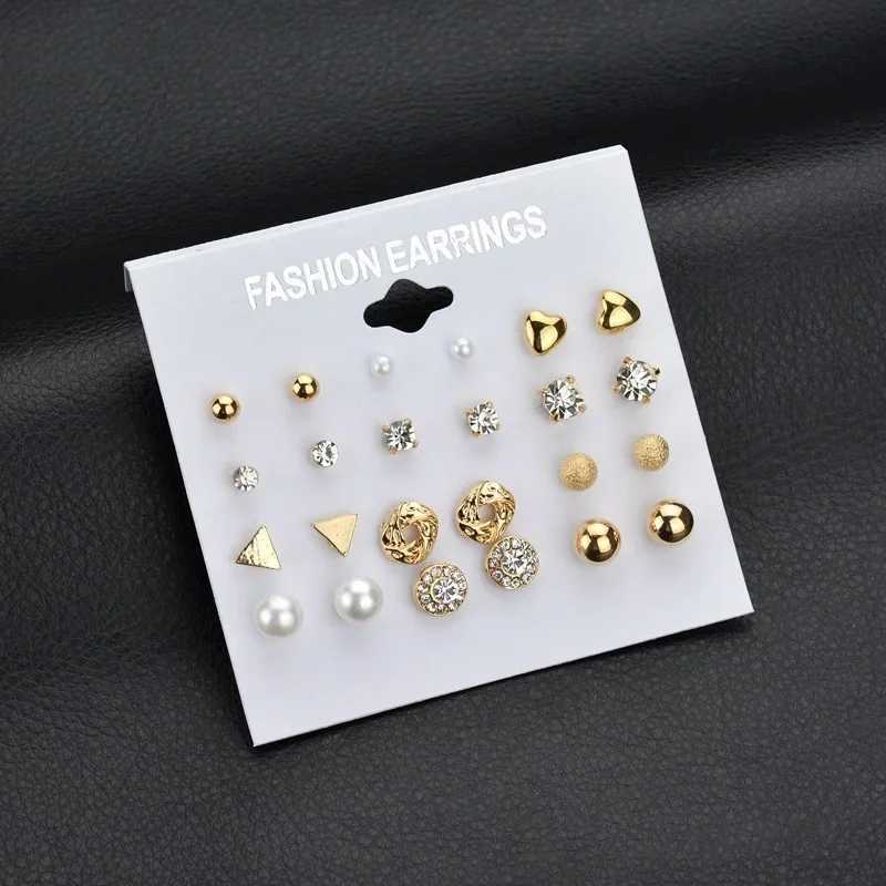 30Pcs/24Pcs Stud Earrings Simple Geometric Six Crystal Zircon Earrings Set Retro Temperature Pearl Earrings W240803