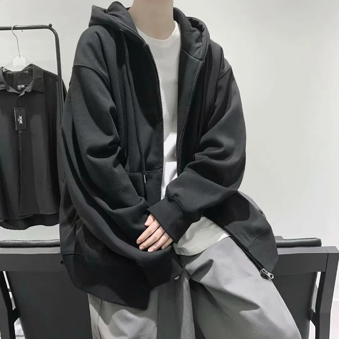 Mens Cardigan Sweatshirt Loose Fit Hooded Zippered Jacket Korean Style Trendy Casual Clothing Spring Autumn Arrival 240906