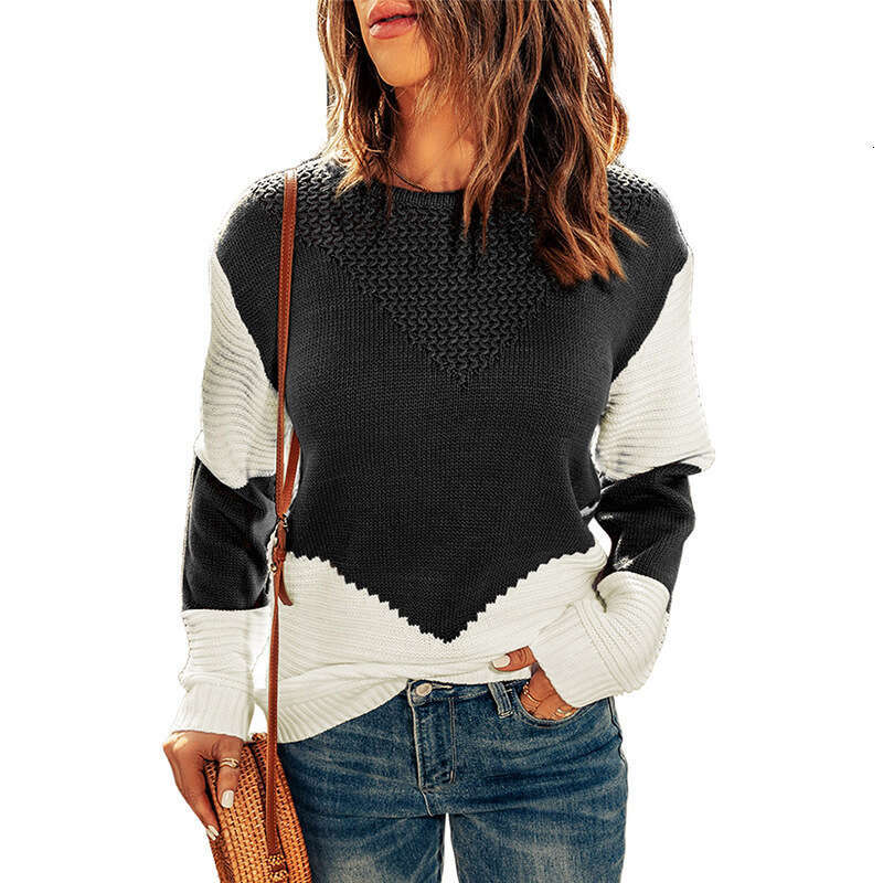 Knitted top women's autumn and winter clothing new round neck contrasting base pullover sweater