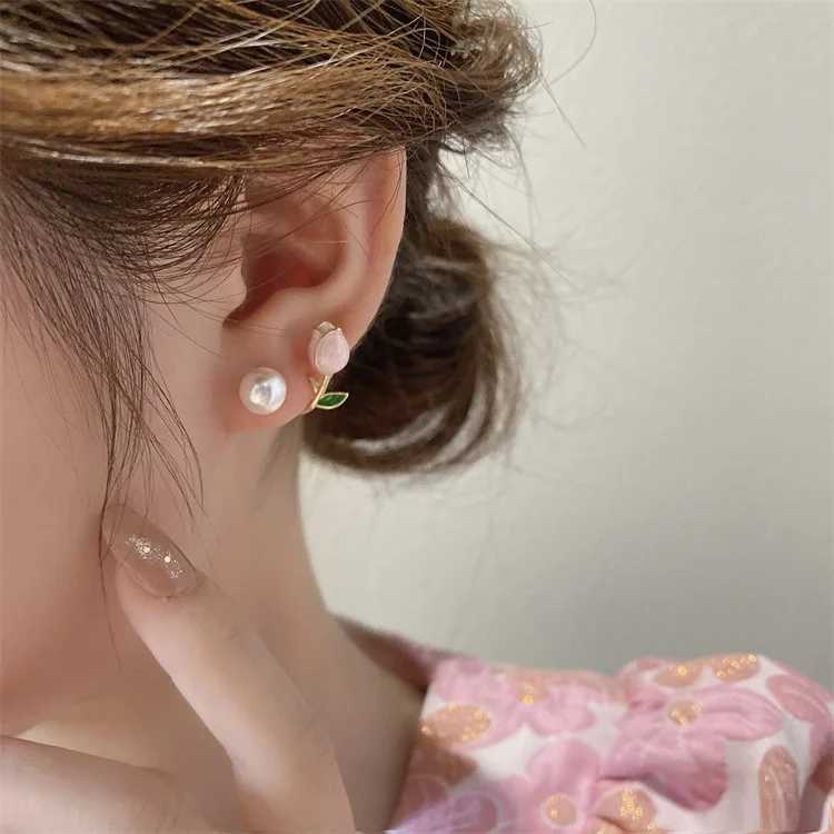 Fashion Trends Pink Tulip Flower Pearl Stud Earrings Fashion Elegant Temperature Women Earrings Girls Party Sweet Jewelry Gifts W241023