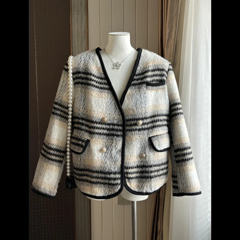Women Red Plaid Small Fragrance Quilted Coats Loose Vneck Casual Long Sleeveless Warm Fashion Korea Chic Lady Tweed Coat 240904