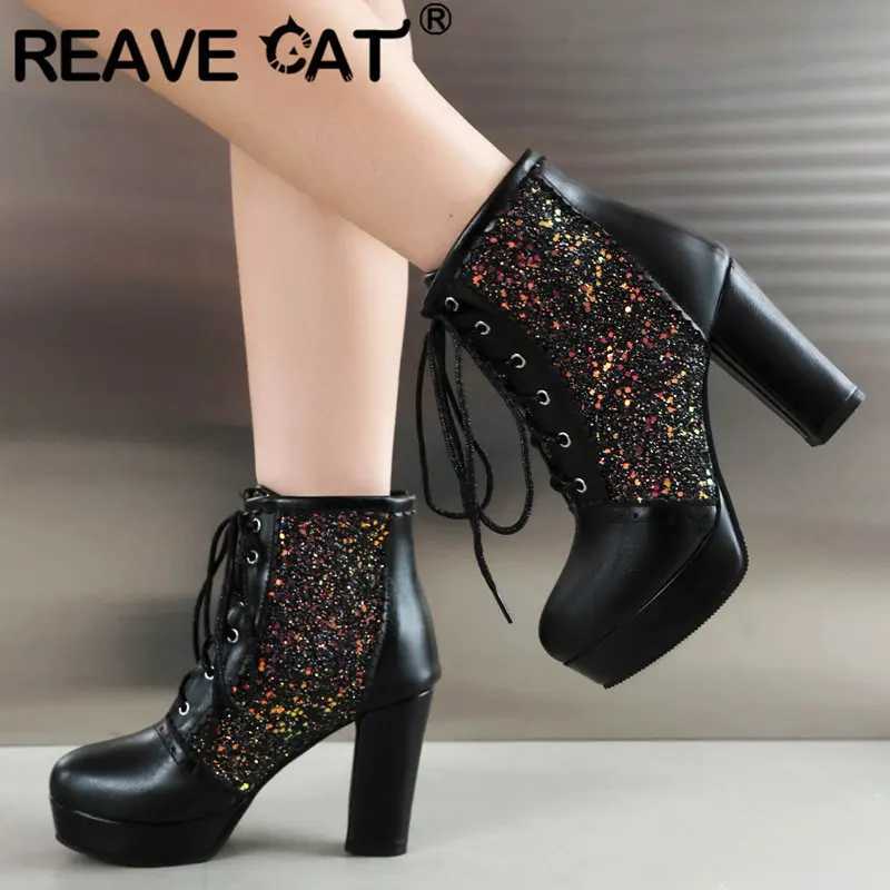 REALE CAT Fashion Womens Ankle Boots Round Toe Block High Heel 9cm Platform 2cm Zipper Flash Large Size 46 47 48 Party Boots CL240906