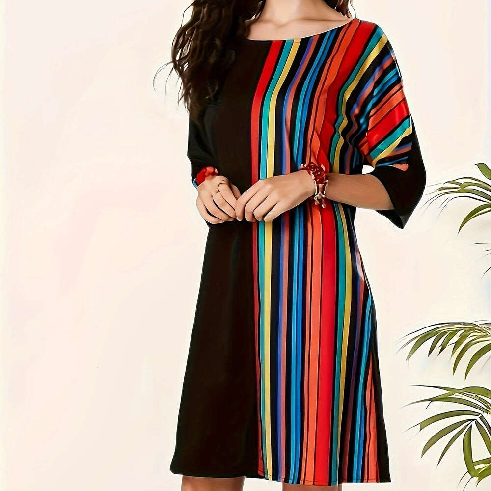 New Rainbow A-line Loose Dress for Spring and Summer 2024 Women's Wear, Half Sleeve