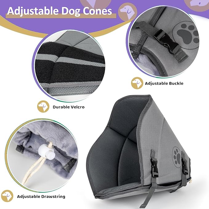 Dog Cone Collar After Surgery, Adjustable Breathable Pet Reecovery Cone for Large Medium Small Size Dog, Wound Care Recovery Collar, Black/gray