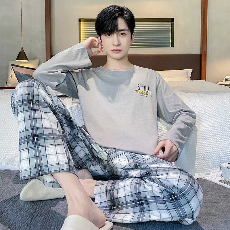 Plaid Men Pajamas Set Casual Male Sleepwear Autumn Winter Long Sleeves Long Pants Soft Pyajmas Boys Pijamas Blue Cozy Cotton Pjs Y240906