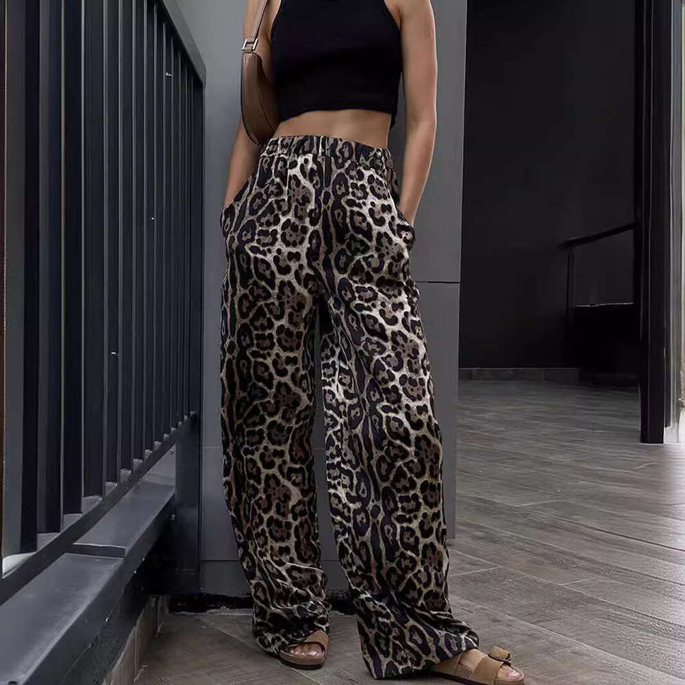Fashionable explosive street leopard print high waisted wide leg for women in spring 2024 loose floor casual pants