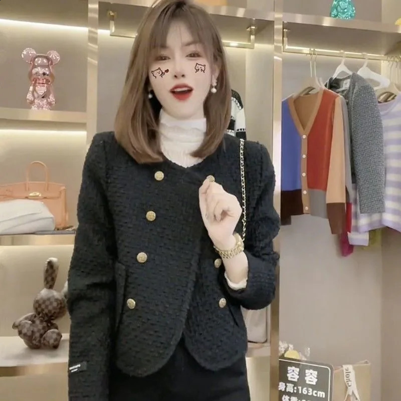 Temperament Celebrity Coarse Tweed Plush Jacket Women Double Breasted Round Neck Solid Fashion Korean Autumn Warm Chic Lady Coat 240904