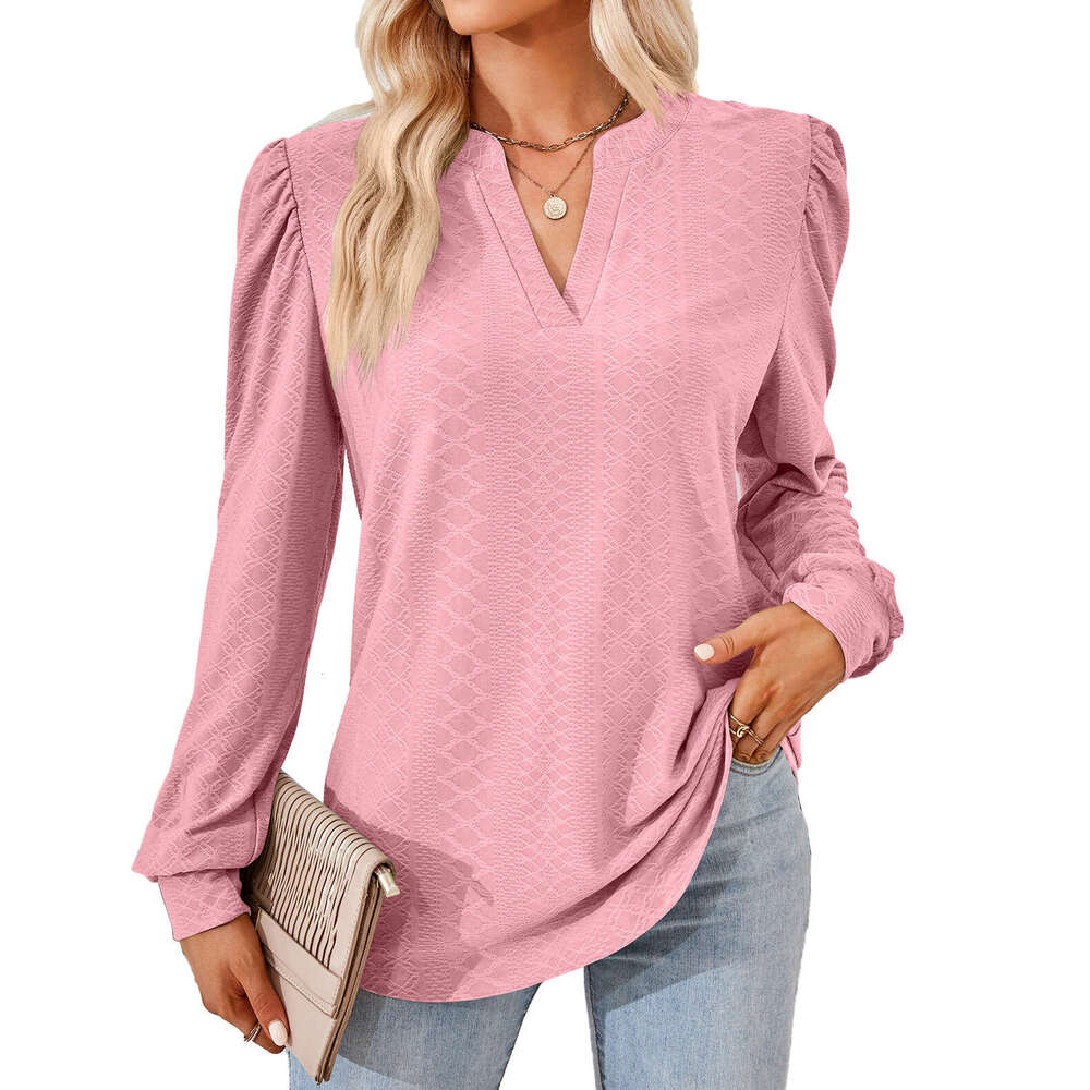 2024 Autumn/Winter New Solid V-Neck Jacquard Long Sleeve Loose T-shirt Top for Women