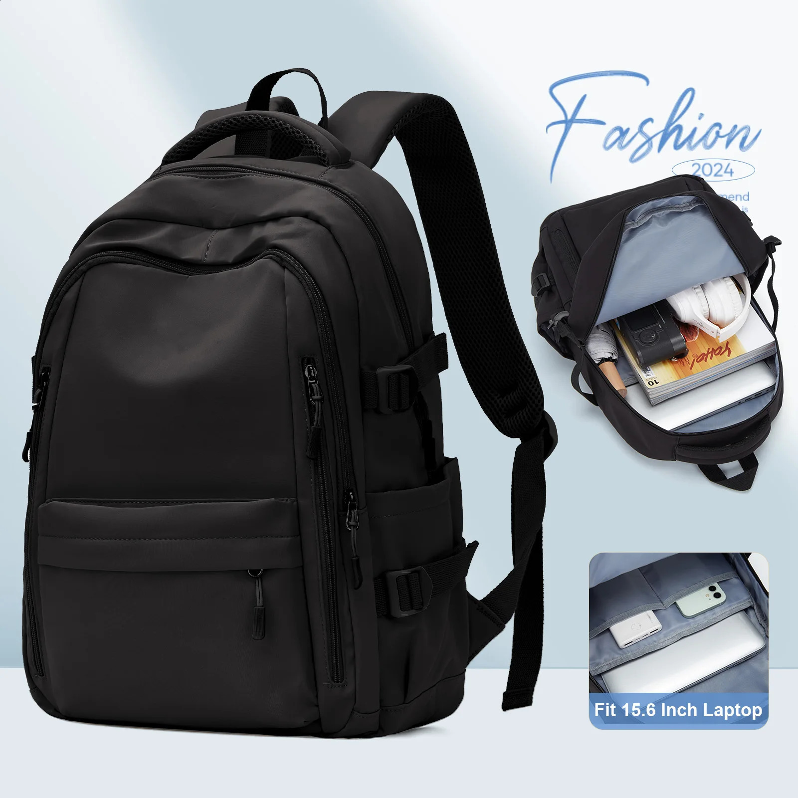 Simple childrens backpack high school students black girls and boys laptop bags 240906