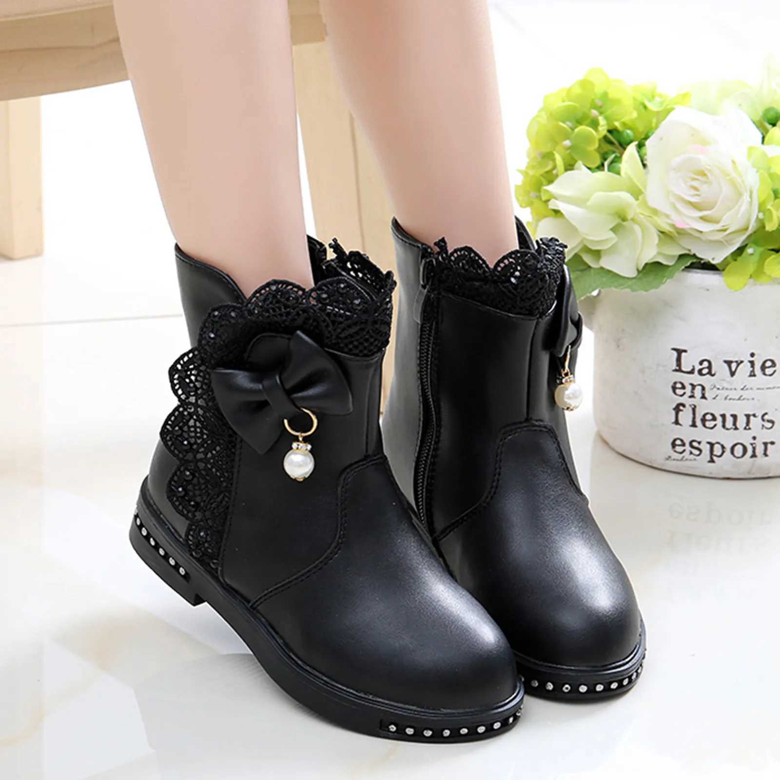 New Girls Princess Boots Kids Ankle Boots Lace with Bow-knot Sweet Warm Cotton Children Rubber Boots Fur Lining Snow Boots Shoes M240906